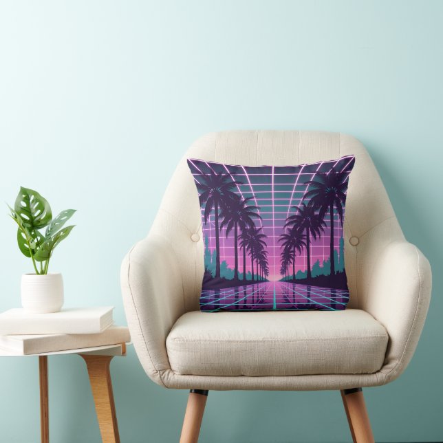 Vaporwave 80s Neon Grid Synthwave Art Poster Cushion (Chair)