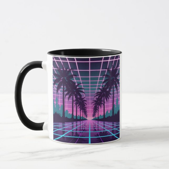 Vaporwave 80s Neon Grid Synthwave Art Poster Mug (Left)