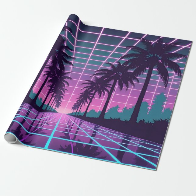 Vaporwave 80s Neon Grid Synthwave Art Poster Wrapping Paper (Unrolled)