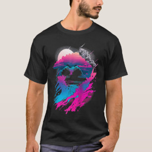 Vaporwave Abstract Landscape Moon Tree Waterfall B T-Shirt