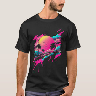 Vaporwave Abstract Landscape Moon Tree Waterfall B T-Shirt