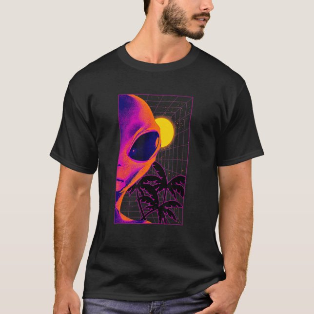 Vaporwave Aesthetic Alien Half Face Palm Tree Retr T-Shirt (Front)