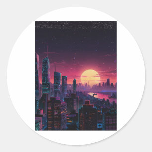 Vaporwave Cyberpunk Cityscape – Neon Skyline Art S Classic Round Sticker