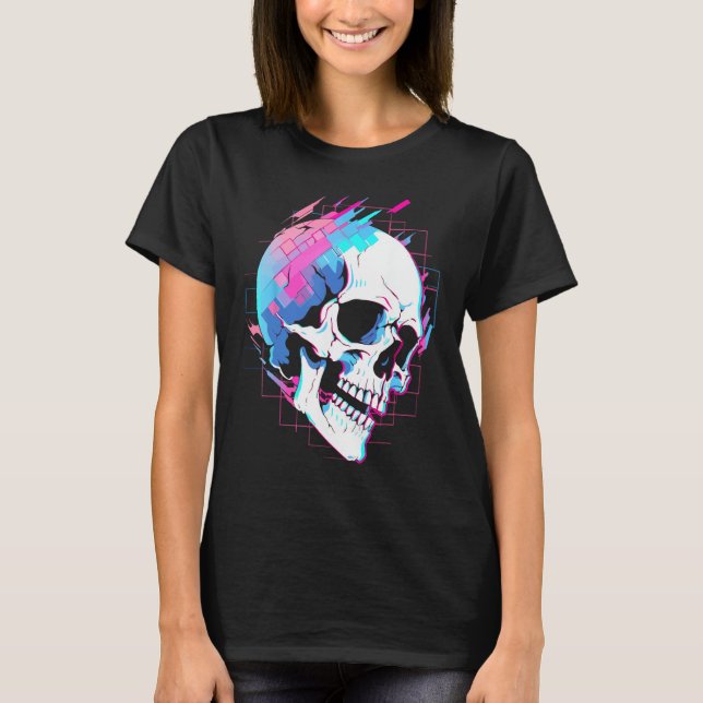 Vaporwave Glitch Skull Cyberpunk Festival Techwear T-Shirt (Front)