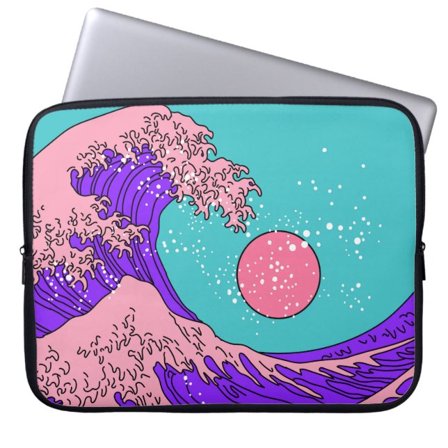 Vaporwave Great Wave: Stylised Ocean Art Laptop Sleeve (Front)