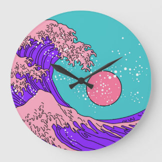 Vaporwave Great Wave: Stylised Ocean Art Large Clock