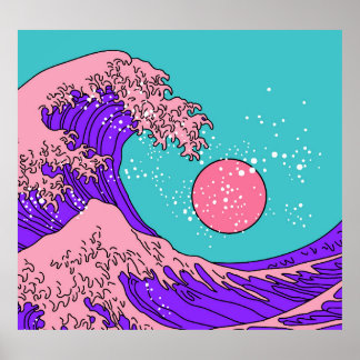 Vaporwave Great Wave: Stylised Ocean Art Poster