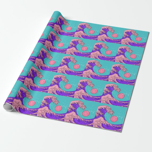 Vaporwave Great Wave: Stylised Ocean Art Wrapping Paper (Unrolled)