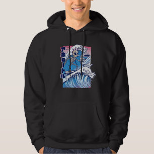 Vaporwave Kanagawa Great Wave Japan Surfing Skelet Hoodie