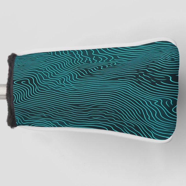 Vaporwave Rippling Teal and Dark Blue Line Pattern Golf Head Cover (Front)