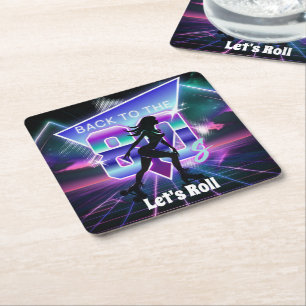 Vaporwave Roller Skate Birthday Party Square Paper Coaster