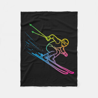 Vaporwave skier rainbow gradient retro winter fleece blanket