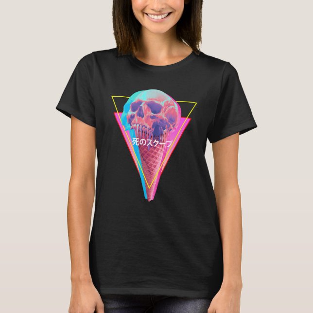Vaporwave Skull Melting Ice Cream Cone Glitch Aest T-Shirt (Front)