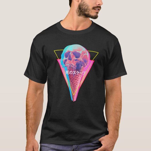 Vaporwave Skull Melting Ice Cream Cone Glitch Aest T-Shirt (Front)