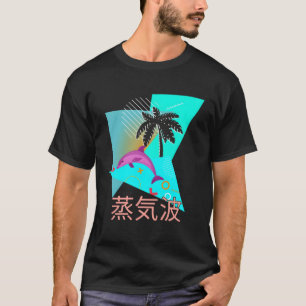 Vaporwave Synthwave Dolphin Ocean Kanjis T-Shirt