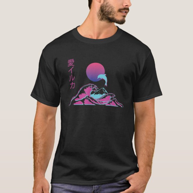 Vaporwave Synthwave Dolphin Surf Ocean Wave T-Shirt (Front)