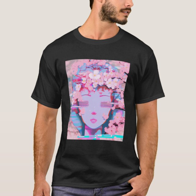 Vaporwave Synthwave Retrowave Glitch Cherry Blosso T-Shirt (Front)