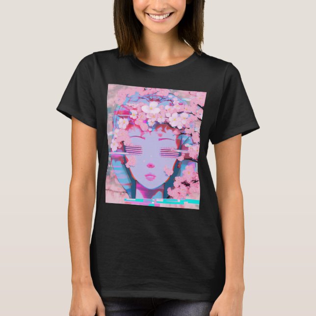 Vaporwave Synthwave Retrowave Glitch Cherry Blosso T-Shirt (Front)