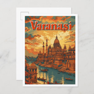 Varanasi India Vintage Art Travel Illustration Postcard