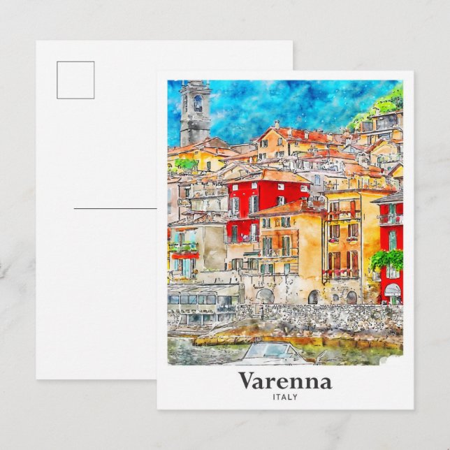 Varenna Lecco Italy Travel Watercolor Hand Drawn Postcard (Front/Back)