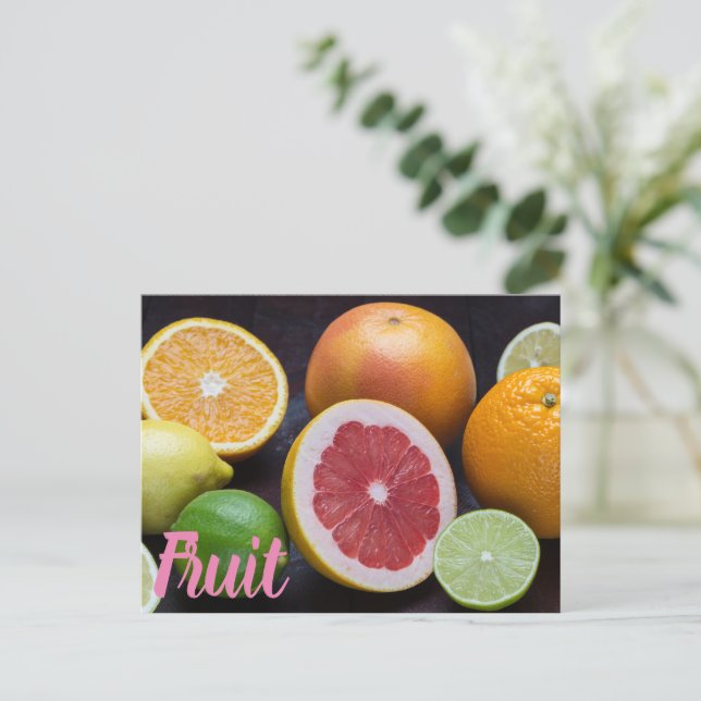 Variation of citrus orange, lime, mandarin, holiday postcard (Standing Front)