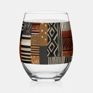 Variations of African motifs in earth tones Stemless Wine Glass