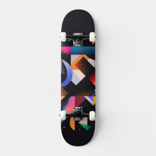 Varied colourful shapes on a dark background skateboard