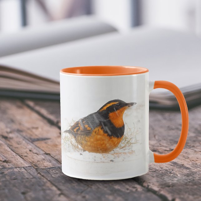 Varied Thrush Songbird on Snowy Winter Day Mug (Varied Thrush on a Snowy Winter Day 11 oz Coffee Mug Cover Photo.)