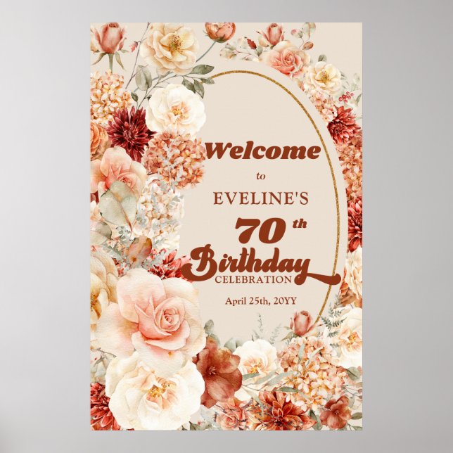 Variegated autumn floral rusty 70 birthday Welcome Poster (Front)