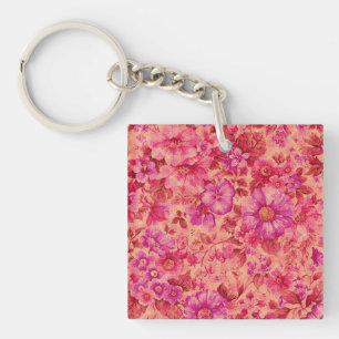 Various Blooming Flowers in Warm Pink and Purple Key Ring