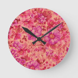 Various Blooming Flowers in Warm Pink and Purple Round Clock