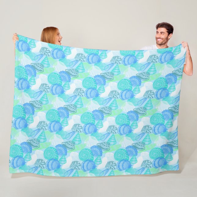 Various blue seashells line art pattern fleece blanket (In Situ)
