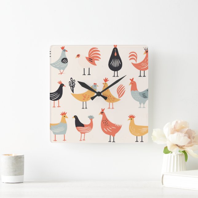 Various chickens on a white background square wall clock (Home)