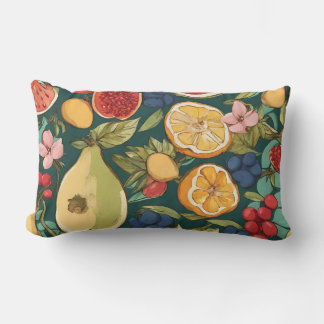 Various Citrus Fruits, Grapes and Flowers. Paintin Lumbar Cushion