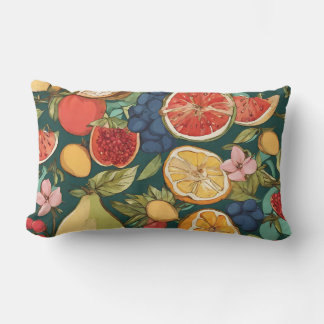 Various Citrus Fruits, Grapes and Flowers. Paintin Lumbar Cushion