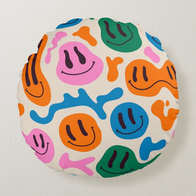 Various colourful melting smiling Faces. Lava lamp Round Cushion (Front)