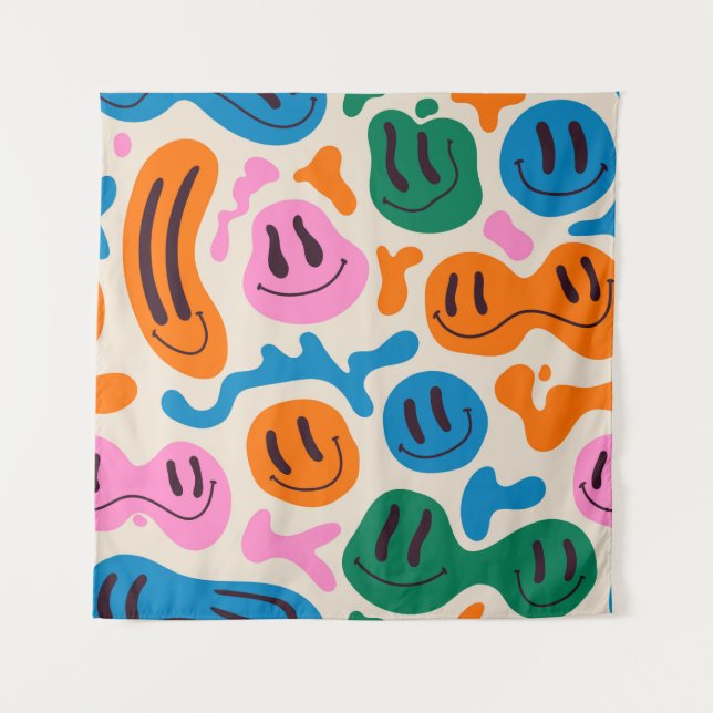 Various colourful melting smiling Faces. Lava lamp Tapestry (Front)