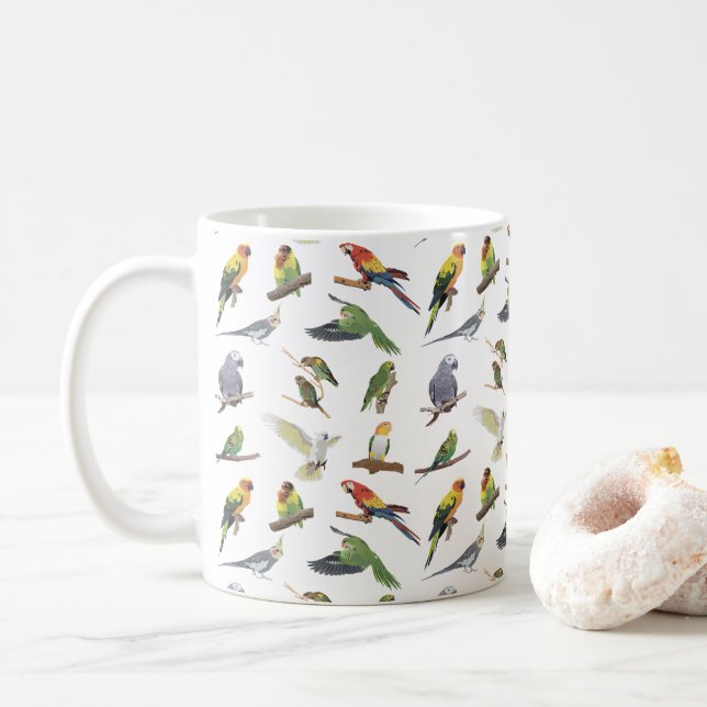 Various Colourful Parrots Coffee Mug (With Donut)