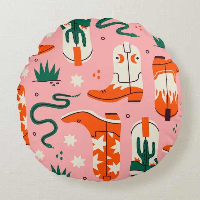 Various cowboy boots pattern round cushion (Front)