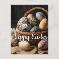 Various Decorative Easter Eggs In A Basket