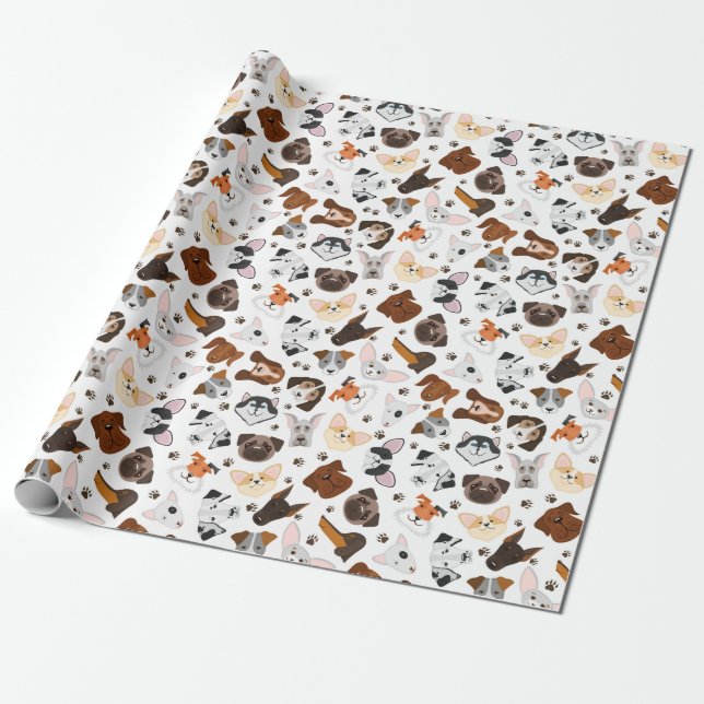 Various dog breeds pattern wrapping paper (Unrolled)