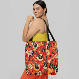 Various electric and acoustic guitars in different tote bag