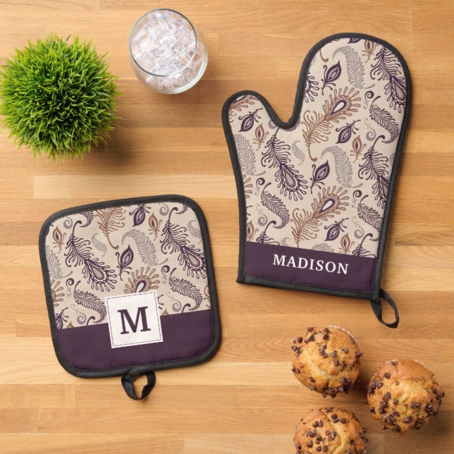 Various Feather Pattern Oven Mitt & Pot Holder Set (Top Down)