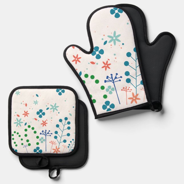 Various flowers and leaves oven mitt & pot holder set (Front/Back)