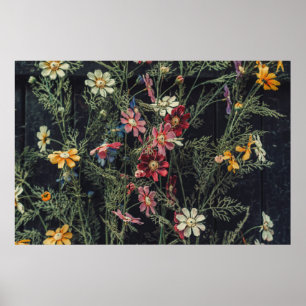 Various flowers on the black wooden background. Ab Poster