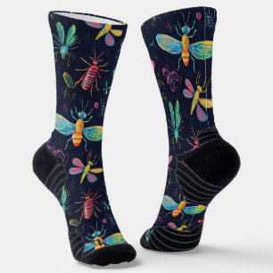 Various Flying Bugs Chalk Drawing Pattern Black Socks