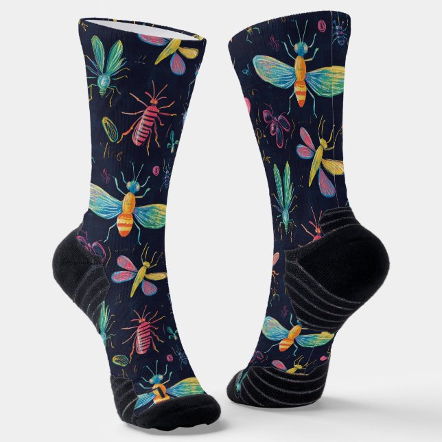 Various Flying Bugs Chalk Drawing Pattern Black Socks (Angled)