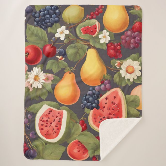 Various Fruits, Lush Leaves and Wonderful Flowers Sherpa Blanket (Front)