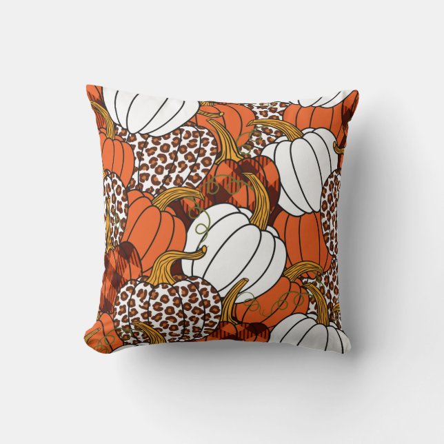  Various pumpkins. Leopard, orange, white and buff Cushion (Front)