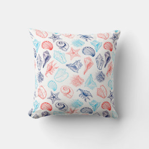 Various red blue seashells line art pattern cushion